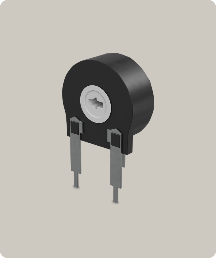 Schräge Seitenansicht eines schwarzen Potentiometers. Passives Bauteil.